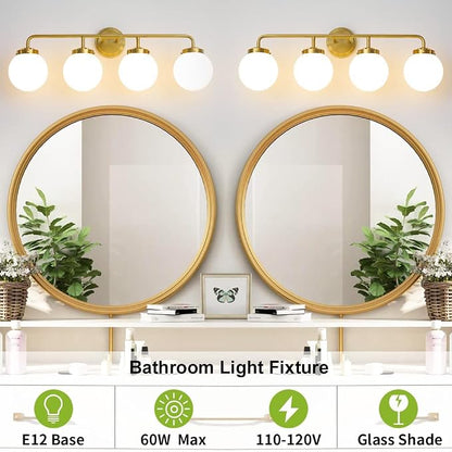 Bathroom Light Fixtures 30.7in 4-Light Brushed Gold Vanity Light for Mirror | Bathroom Lighting Fixtures over Mirror, ETL, Brushed Brass Wall Sconce, Dimmable E12 Base Max 60W, Milky Glass Ball Shades