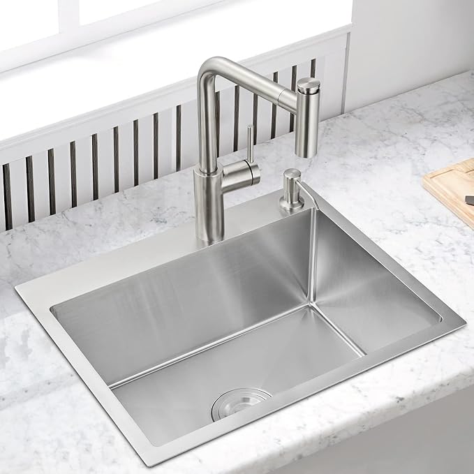 22"x18" Drop-In Single Bowl Kitchen Sink 304 Stainless Steel Brushed | 22 inch Drop-in Sink | SUS304 SS Handmade | Topmount/Overmount | 9" Deep Basin | Single bowl | Moden kitchen/prep