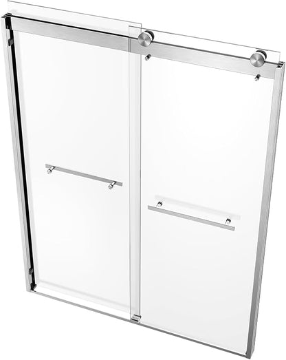 Shower Door Double Sliding Semi-Frameless Shower Door 56-60" W × 78" H Sliding Shower Door, 3/8" (10mm) Thick Tempered Clear Glass with Explosion-Proof Film, Bathroom Glass Door, Brushed Nickel