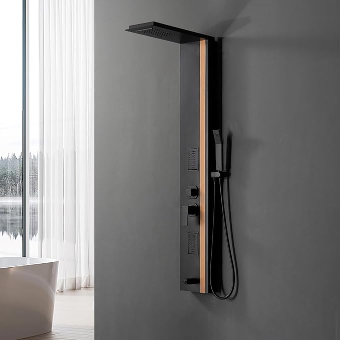 Shower Wall Panels Bathroom Shower Panel Tower System Multifunction Bamboo Wood and Stainless Steel Body Spray Jets Rainfall Waterfall Head with Handheld Wand and Tub Spout Wall Mount