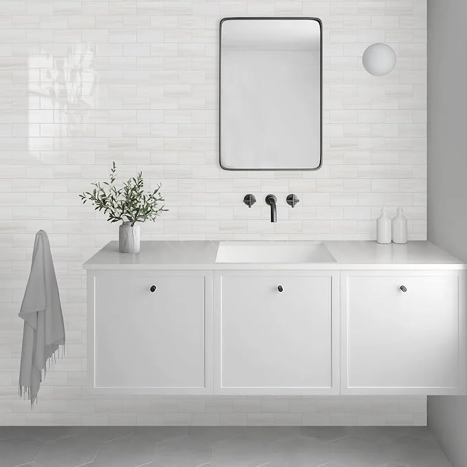 Vamos Tile 100-Piece Glossy Dolomite White Peel and Stick Backsplash Tile,3''x6'' PVC Subway Tile with White Grout, Stick on Backsplash for Kitchen/Bathroom/Fireplace
