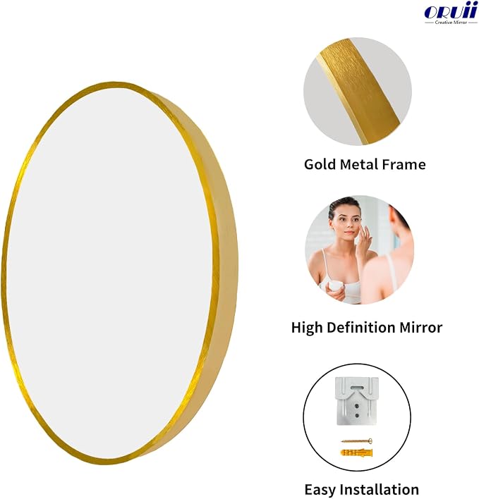 Round Mirror, 26 inch Glold Circle Mirror, Bruhsed Gold Metal Frame | High Definition,Waterproof,Rust-resistant,Round Mounted Mirrors for Bathroom,Living Room,Bedroom,Hallyway,Vanity,Wall Décor