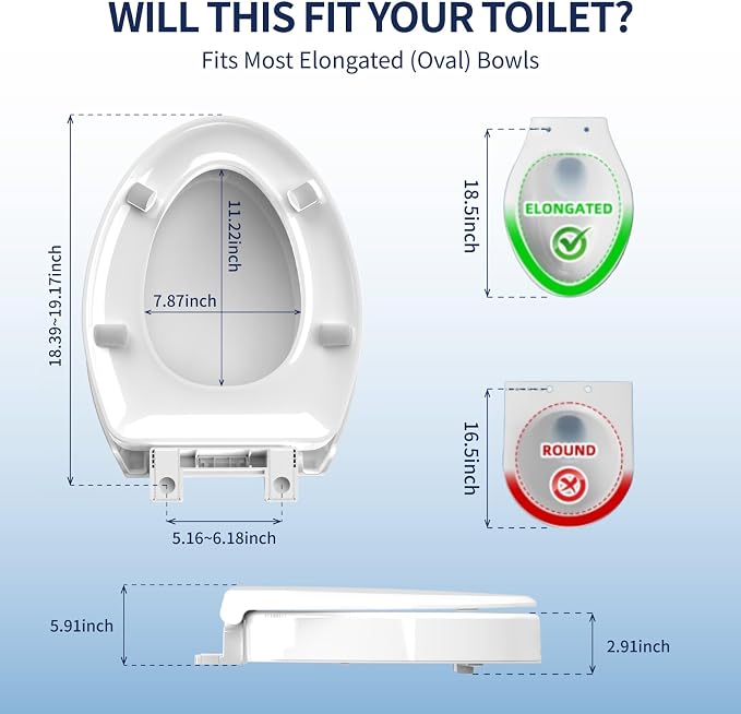 Raised Toilet Seat, Elongated 18.5", Soft Close | 2.91" elevated height, quick-release design, stable PP construction, easy installation, fits most standard elongated toilets