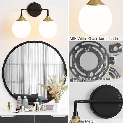 Black Gold Bathroom Light Fixtures Over Mirror Vanity 2-Light | Mid Century Modern Matte Black Gold Wall Sconce with Milky White Glass Ball Shades for for Bathroom Dressing Table Bedroom
