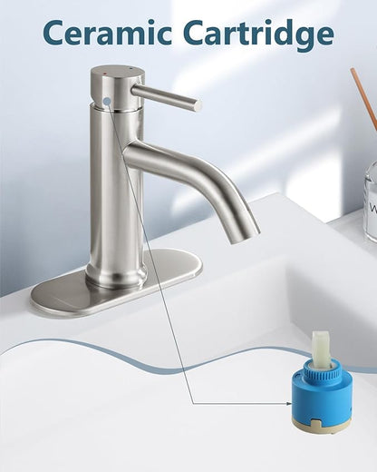 Aolemi Bathroom Faucet Single Hole,Single Handle Bathroom Sink Faucet with Supply Lines,with Pop Up Drain Assembly and Deck Plate,Brushed Nickel
