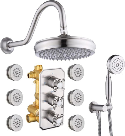 All Metal Thermostatic Shower System Backnets Wall Mounted Antique Shower Faucet Set with Body Jets and Handheld, Bathroom Mixer Shower Set Wall Mounted Rough-in Valve and Trim Kit Brushed Nickel