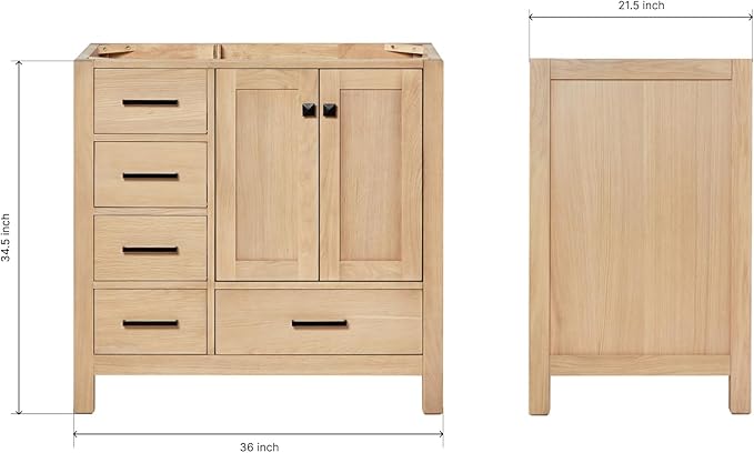ARIEL Cambridge 36-inch Bathroom Vanity Base Cabinet,Solid Wood, 2 Soft Closing Doors, 5 Dovetail Drawers, White Oak