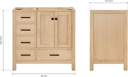 ARIEL Cambridge 36-inch Bathroom Vanity Base Cabinet,Solid Wood, 2 Soft Closing Doors, 5 Dovetail Drawers, White Oak