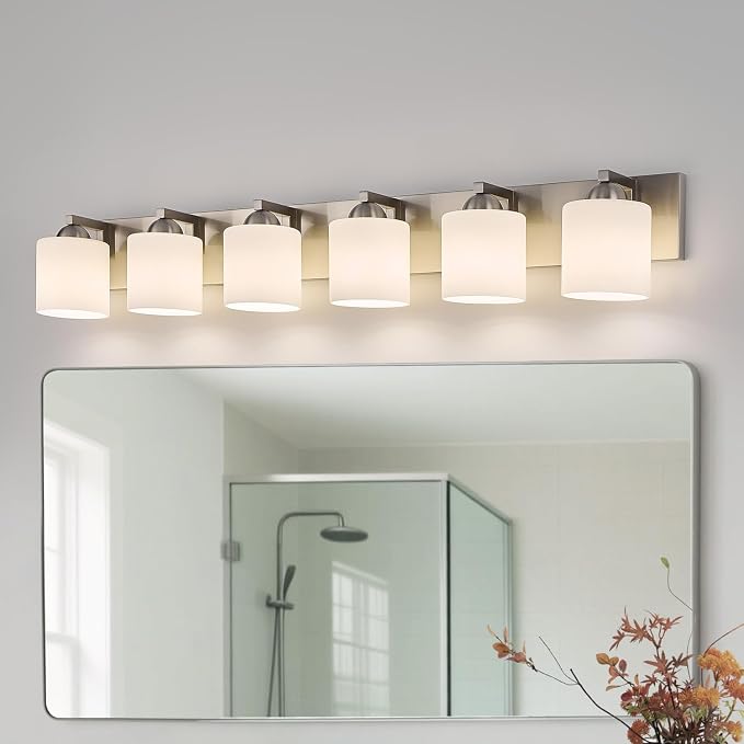 mirrea 6-Light Brushed Nickel Bathroom Vanity Light with White Glass Shades | Over Mirror,Wall Sconce,ETL listed,Bathroom Lighting Fixtures,Elegant Design,Milk White Glass Shade,Easy Installation