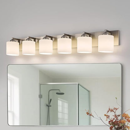 mirrea 6-Light Brushed Nickel Bathroom Vanity Light with White Glass Shades | Over Mirror,Wall Sconce,ETL listed,Bathroom Lighting Fixtures,Elegant Design,Milk White Glass Shade,Easy Installation