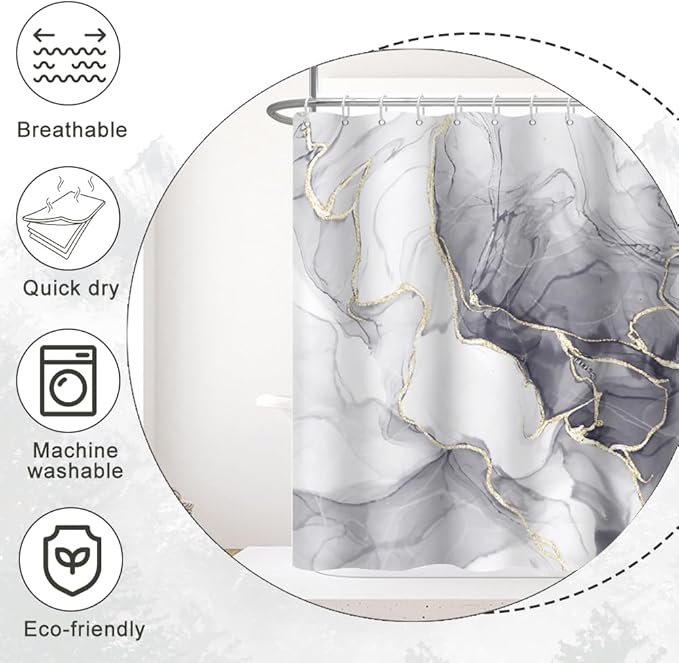 Stall Shower Curtain, Grey Marble Small Shower Curtain Modern Waterproof Narrow Shower Curtain Set with Hooks, 36x72 Inch