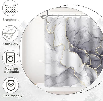 Grey Shower Curtain, Ombre Light Grey Marble Shower Curtain Set Modern Aesthetic Gray Ink Texture Waterproof Bathroom Curtain with Hooks, 72x96 Inch
