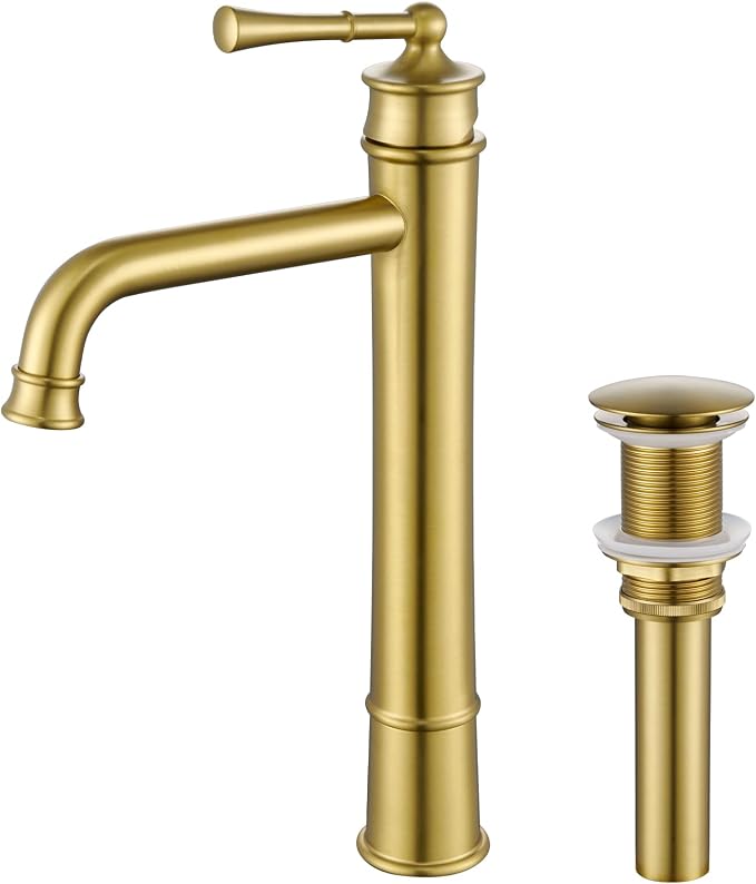 Brushed Gold Tall Bathroom Faucet,Single Hole Bathroom Sink Faucet | Deck Mount Single Handle One Hole Lavatory Vanity Faucet with Pop Up Drain Assembly Bathroom Sink Faucet for Mixer Bowl