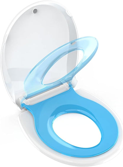 Potty Training Seat Built-in Toilet Seat, Round Toilet Seat 16.5inch with Baby Seat 2 in 1 Soft Close Quiet No Slapping, Magnetic Absorption, Easy Installation for Bottom Fixing Toilet，White and Blue