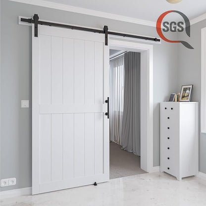 42in x 96in MDF Sliding Barn Door with 7ft Barn Door Hardware Kit & Handle | White Solid Barn Door Slab Covered with Water-Proof PVC Surface, Pre-Drilled Holes Easy Assembly, H-Frame