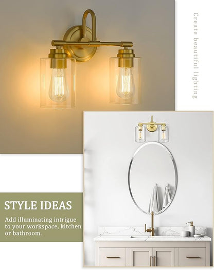 Brushed Gold Bathroom Light Fixtures, 2-Light Modern Bathroom Vanity Light Over Mirror with Clear Glass Shade, KW-7306-2