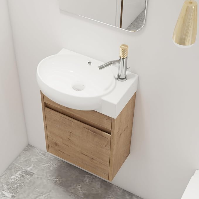 Malwee 16" Floating Bathroom Vanity with Sink, 16 Inch Single Sink Wall Mounted Bathroom Vanity, with 1 Door and White Ceramic Basin Top for Small Space, Modern Wall Hung Cabinet Storage (029-16IMOX)