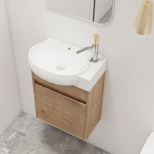 Malwee 16" Floating Bathroom Vanity with Sink, 16 Inch Single Sink Wall Mounted Bathroom Vanity, with 1 Door and White Ceramic Basin Top for Small Space, Modern Wall Hung Cabinet Storage (029-16IMOX)