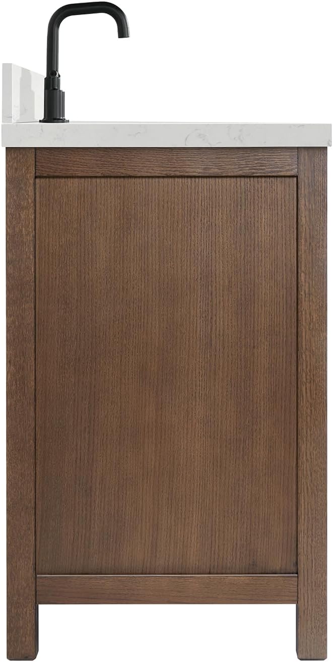 ARIEL Cambridge 60-inch Bathroom Vanity with Sink,Solid Wood, 1.5-inch Carrara White Quartz Countertop, Single Rectangular Porcelain Sink, 2 Soft Closing Doors, 9 Dovetail Drawers, Brown Oak