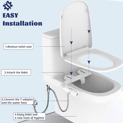 Dual Nozzles Bidet, ANBSR Ultra-Slim Bidet Attachment for Toilet (Feminine/Posterior Wash) Non-Electric Cold Water Toilet Seat Bidet with Adjustable Pressure Control
