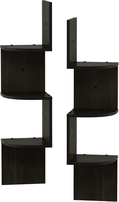 Furinno Rossi Set of 2 3-Tier Corner Floating Shelves for Wall, Espresso | Zigzag Wall Shelf, Radial Mounted Floating Book Shelf, for Bathroom, Bedroom, Living Room