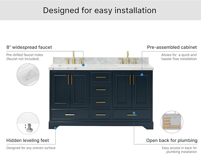 ARIEL Stafford 60-inch Bathroom Vanity with Sink,Solid Wood, 1.5-inch Italian Carrara Marble Countertop, Double Rectangular Porcelain Sink, 4 Soft Closing Doors, 6 Dovetail Drawers, Midnight Blue