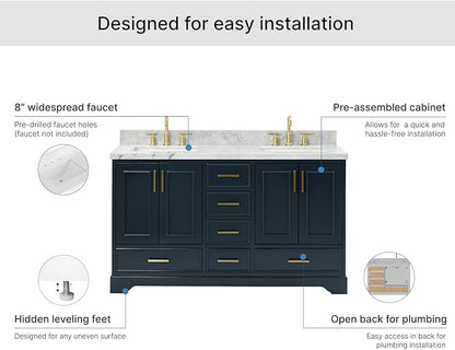 ARIEL Stafford 60-inch Bathroom Vanity with Sink,Solid Wood, 1.5-inch Italian Carrara Marble Countertop, Double Rectangular Porcelain Sink, 4 Soft Closing Doors, 6 Dovetail Drawers, Midnight Blue