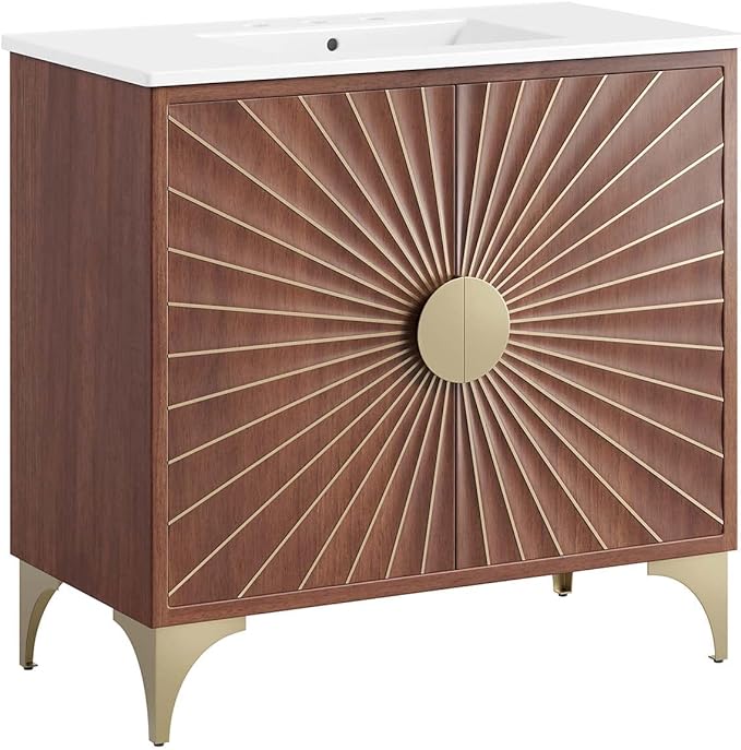 Modway Daylight Bathroom Vanity Cabinet with Ceramic Sink Basin, 36 Inch, White Walnut
