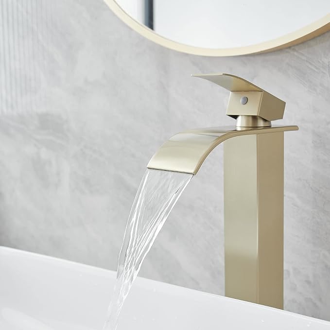 Vessel Sink Faucet Brushed Gold Waterfall Bathroom Faucet with Pop Up Drain | Stainless Steel,Single Handle One Hole Deck Mount,Bowl Vanity Sink Faucet,with 3/8" Supply Hose,Lead-Free by Bathfinesse