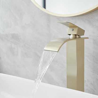 Vessel Sink Faucet Brushed Gold Waterfall Bathroom Faucet with Pop Up Drain | Stainless Steel,Single Handle One Hole Deck Mount,Bowl Vanity Sink Faucet,with 3/8" Supply Hose,Lead-Free by Bathfinesse