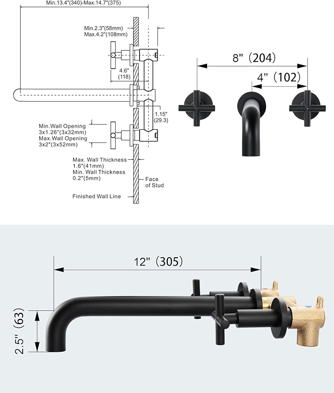 Wall Mount Tub Filler Matte Black, ARCORA Bathtub Faucet Long Spout Reach, 2 Cross Handles Wall Mounted Tub Faucet with Brass Rough in Valve Included