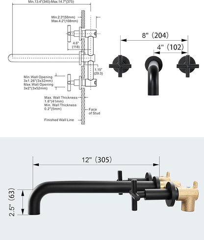 Wall Mount Tub Filler Matte Black, ARCORA Bathtub Faucet Long Spout Reach, 2 Cross Handles Wall Mounted Tub Faucet with Brass Rough in Valve Included