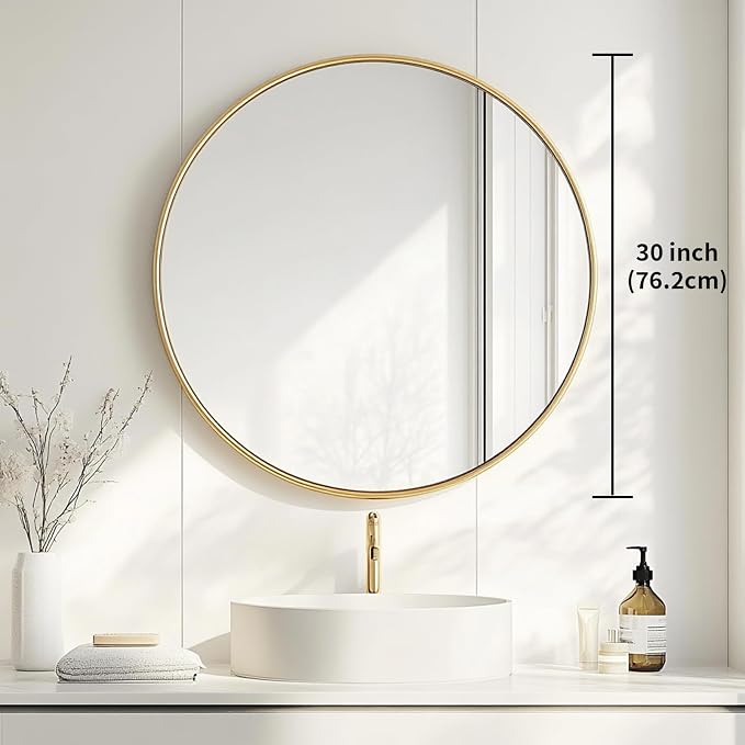 Large Round Mirror, 30 inch Gold Circle Mirror, Gold Metal Frame | High Definition,Waterproof,Rust-resistant, Round Mounted Mirrors for Bathroom,Living Room,Bedroom,Hallyway,Vanity,Wall Décor