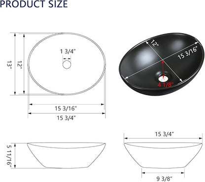 DeerValley DV-1V0011 Horizon Black Bathroom Sink, 16"x13" Oval Bathroom Vessel Sink Above Counter Vanity Ceramic Sink