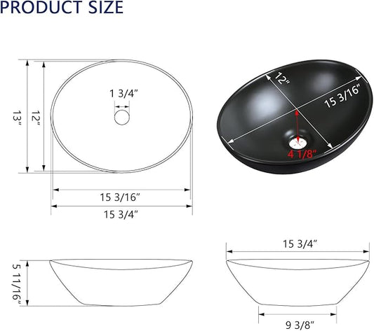 DeerValley DV-1V0011 Horizon Black Bathroom Sink, 16"x13" Oval Bathroom Vessel Sink Above Counter Vanity Ceramic Sink