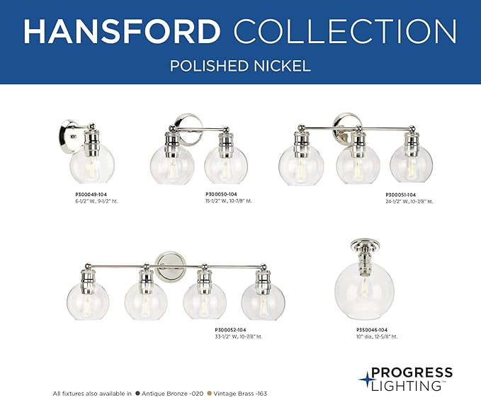 Progress Lighting Hansford Collection 1-Light Clear Glass Coastal Bath Vanity Light Polished Nickel