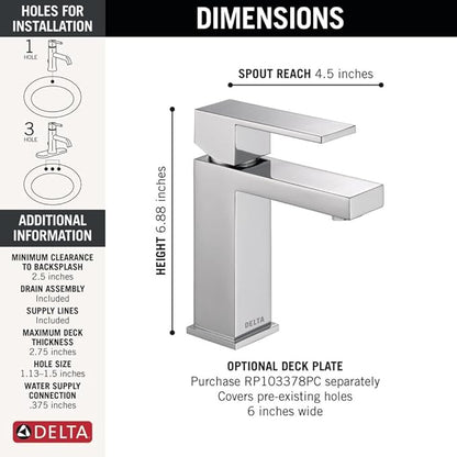 Delta Ara Chrome Bathroom Faucet 1 Hole, Low Flow Single Hole Bathroom Sink Faucet for Vanity, Push Pop-Up Drain Assembly, Chrome 567LF-HGM-PP