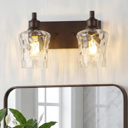 Bathroom Light Fixtures Farmhouse Oil Rubbed Bronze Vanity Lights for Bathroom Lighting Fixtures Over Mirror with Hammered Glass Lampshade for Cabinet Mirror Bedroom Hallway 2 Light