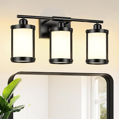 3-Light Black Bathroom Light Fixtures with Milk White Frosted Glass, 21" Modern Bathroom Vanity Lighting Fixtures Over Mirror with Metal Cage, Wall Sconce Lights for Bath, E26, OS-3014BKW-3W