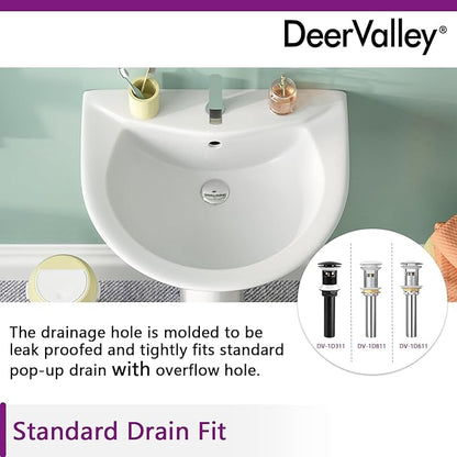 DeerValley 20x17 Inch Compact White Ceramic Pedestal Bathroom Sink with Overflow and Single Faucet Hole, Space-Saving Design, DV-1P523