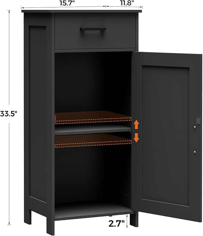 Homhedy Bathroom Storage Cabinet with Drawer & Adjustable Shelf | Freestanding Storage Cabinet for Bathroom, Entryway, Living Room & Kitchen, Black, 15.7"W
