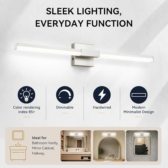 SOLFART Vanity Lighting Fixtures Dimmable: Brushed Nickel 32-Inch Detachable 4-Way Light Direction Bathroom Light Fixtures Over Mirror ETL IP44