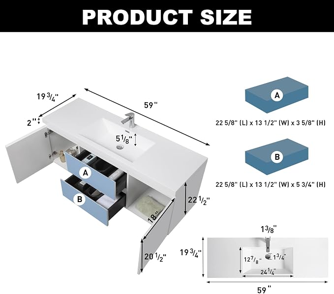 60'' Floating Bathroom Vanity, Pre-Assembled, Glossy White | 2 Soft-Close Drawers & Doors, Wall Mounted Bathroom Vanity with Single Sink, Resin Integrated Sink, Easy to Install & Clean