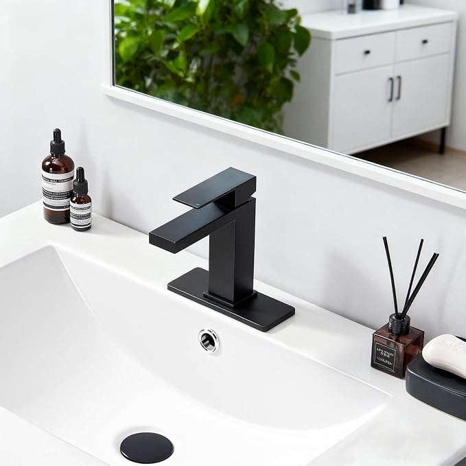 Matte Black Bathroom Faucet, Stainless Steel Single Handle Faucet with Pop Up Drain & Deck Plate, Fits 1 or 3 Hole Countertop, Single Hole Bathroom Installation, Ideal for Vanity & Lavatory Sinks