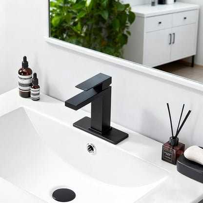 Matte Black Bathroom Faucet, Stainless Steel Single Handle Faucet with Pop Up Drain & Deck Plate, Fits 1 or 3 Hole Countertop, Single Hole Bathroom Installation, Ideal for Vanity & Lavatory Sinks