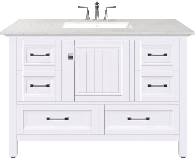 Eviva Britney 42 Inch Vanity with Top - White 42 Bathroom Vanity with Sink and Countertop White Carrara Quartz & Porcelain Sink Combo for Bathroom Sink Cabinet