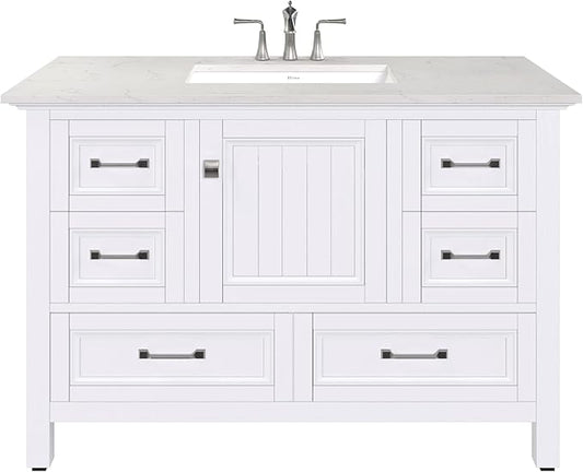 Eviva Britney 42 Inch Vanity with Top - White 42 Bathroom Vanity with Sink and Countertop White Carrara Quartz & Porcelain Sink Combo for Bathroom Sink Cabinet