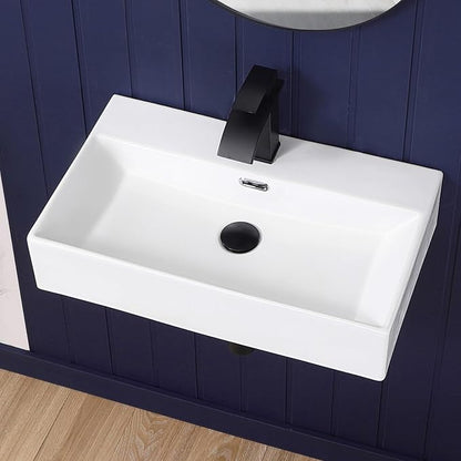 Wall Mount Bathroom Sink 24"x14" Small Vessel Sink Wall Mounted Rectangular Wall Hung Mini White Porcelain Ceramic Floating Tiny Sink with Overflow, Durable, Space-Saving, Ideal for Home,RV