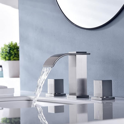 Luxury Brass Widespread Waterfall Bathroom Sink Faucets for 3 Hole 2-Handle 8 Inch Deck Vanity Faucet, &Stainless Steel Pop-up Drain Assembly, Brushed Nickel
