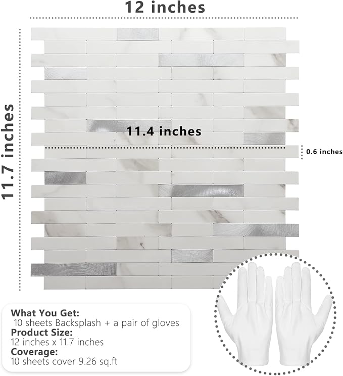 STICKGOO Peel and Stick Backsplash,PVC Wall Tiles Stick on Backsplash for Kitchen(10 Sheets, Statuario White with Metal Silver)